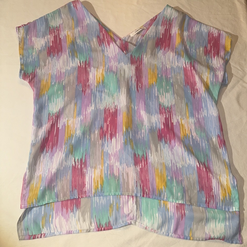 Caramela Ladies Green Blue Pink V Neck Blouse Size Medium‎ Polyester